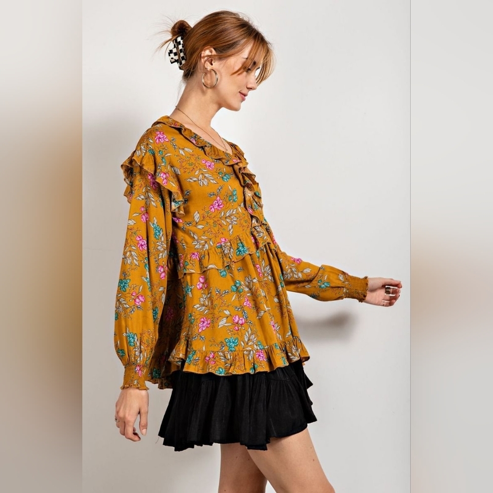 ⭐Easel Mustard  Ruffled Boho Romantic Flowy Vintage Style Blouse